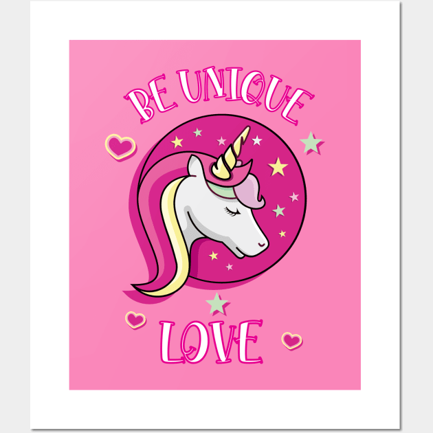 Be Unique Love Beautiful Unicorn Head With Stars And Hearts pink Poster Wall Art by teezeedy